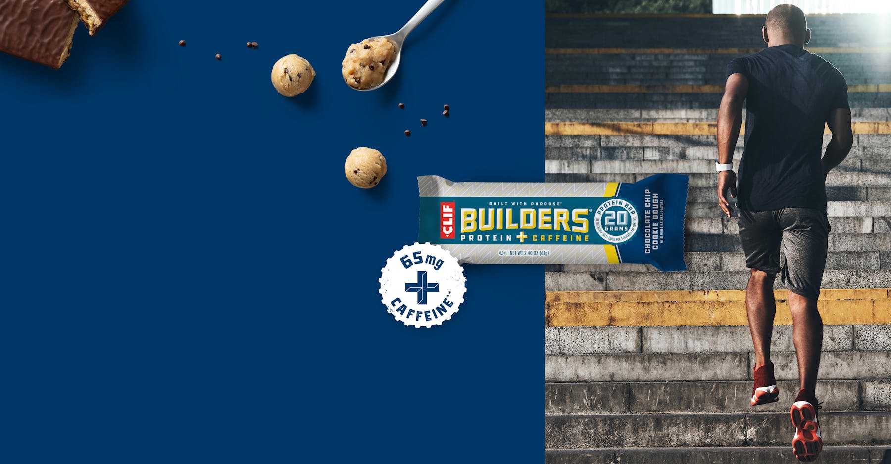 CLIF® Builders® + Caffeine Chocolate Chip Cookie Dough Flavor - man running up stairs